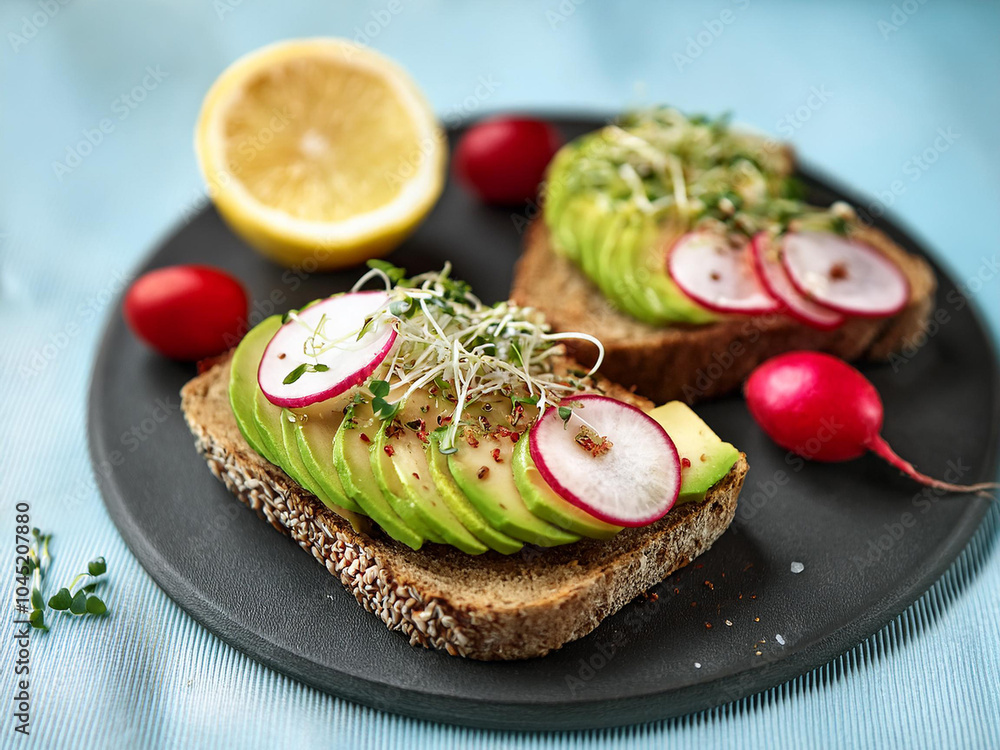 A trendy vegan avocado toast topped with radishes, microgreens, and chili flakes, served with cherry tomatoes and lemon ai. A trendy vegan avocado toast topped with radishes, microgreens, and chili flakes, served with cherry tomatoes and lemon ai.
