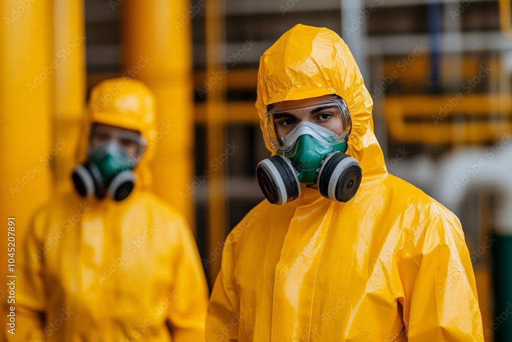 Refinery workers in protective gear, inspecting valves and pipes, safety first. Refinery workers in protective gear, inspecting valves and pipes, safety first.