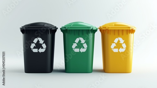 Set of green, black, and yellow recycling bins with recycling symbols on a light background