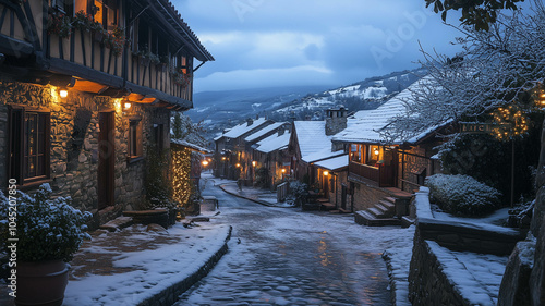 A picturesque village at dusk, warm lights glowing from windows, as the first snow of winter falls gently on rooftops and cobblestone streets