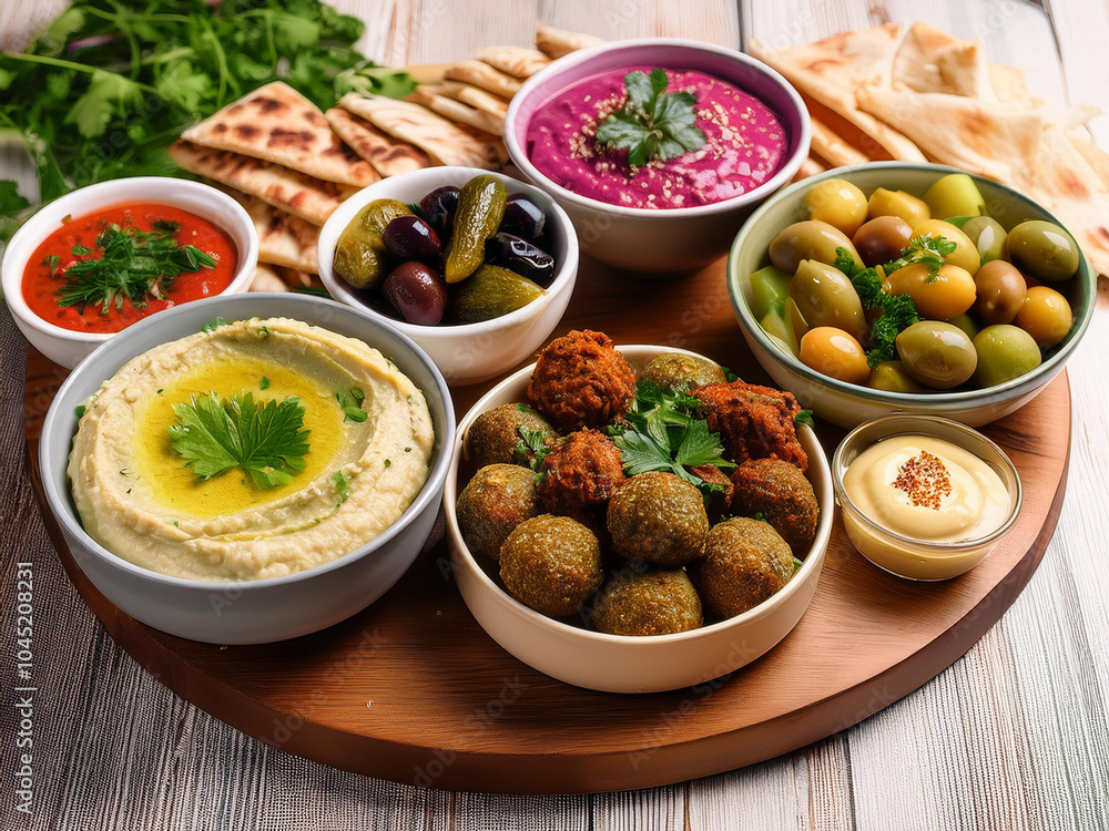 A delicious Mediterranean-inspired vegan spread with hummus, falafel, tabbouleh, grape leaves, pita, olives, and lemon wedges ai. A delicious Mediterranean-inspired vegan spread with hummus, falafel, tabbouleh, grape leaves, pita, olives, and lemon wedges ai.