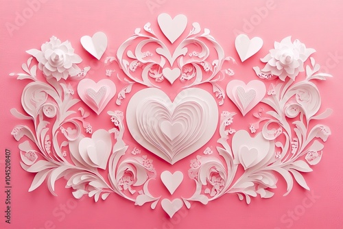 Valentine's Day card with hearts paper cut style on a pink background. with generative ai