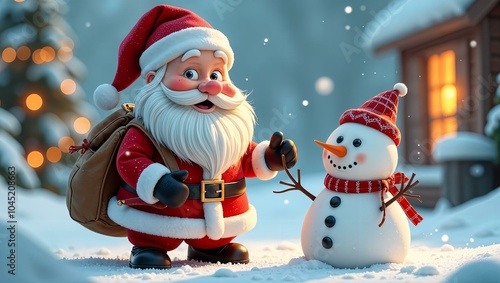 Happy Santa Claus with gifts and snowman  on blue winter background with space for text. Christmas greeting card, New Year