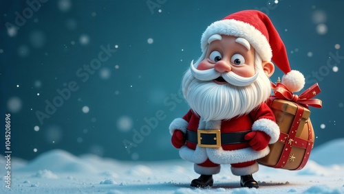 Happy Santa Claus with gifts on blue winter background with space for text. Christmas greeting card, New Year