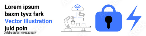 Robotic arm assembly and cybersecurity symbol in blue demonstrate the integration of technology with security measures. Ideal for technology, automation, cybersecurity, manufacturing, and internet