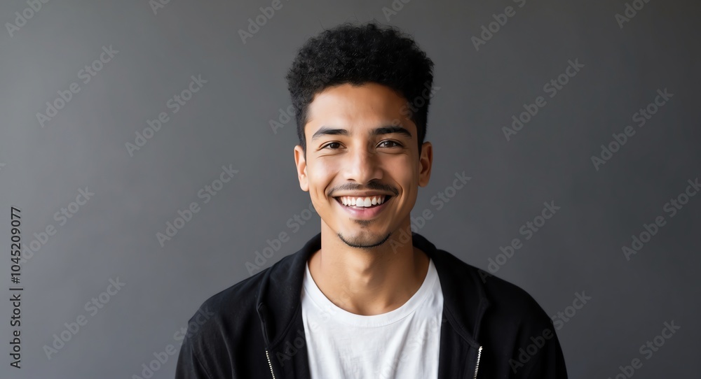 Obraz premium mixed race young man black background wearing plain white tshirt smiling happy portrait