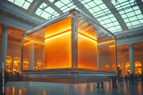 Futuristic glass cube with warm glow in a grand architectural space