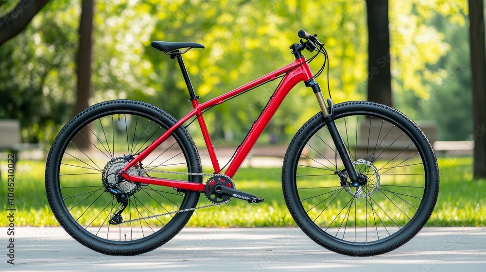 Fototapeta premium A red mountain bike with black tires and a black seat is parked on a paved path in a park.