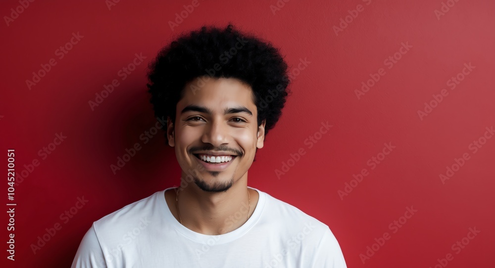 mixed race young man red background wearing plain white tshirt smiling happy portrait mixed race young man red background wearing plain white tshirt smiling happy portrait
