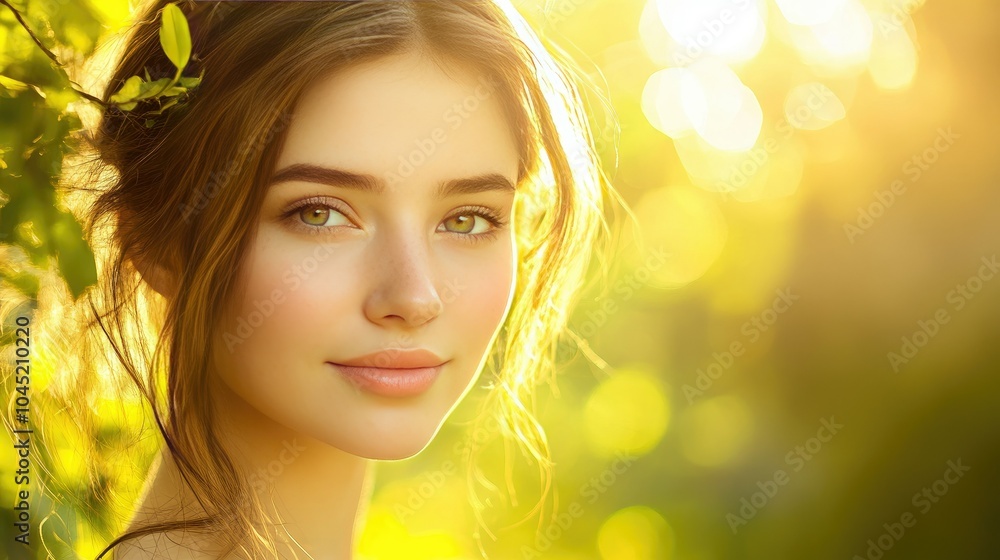 Fototapeta premium A close-up of a woman with flawless, glowing skin and soft natural makeup, standing in gentle sunlight that enhances her dewy complexion and radiance. 
