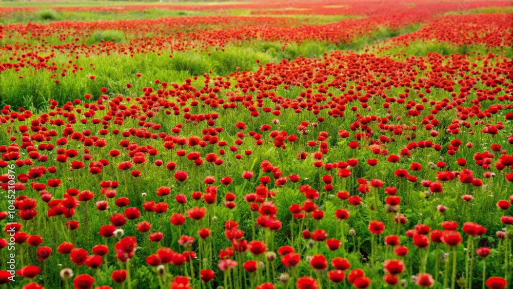 Obraz premium Field of red flowers in green grass