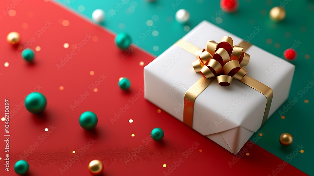 3D Festive Gift Box with Bow on Colorful Background. Christmas Theme. 3D Festive Gift Box with Bow on Colorful Background. Christmas Theme.