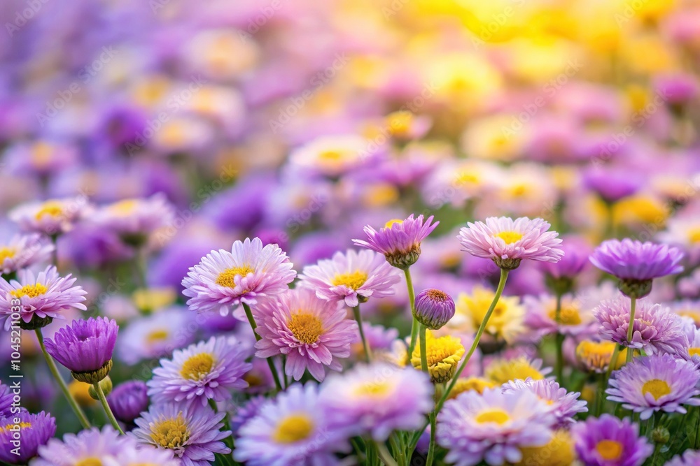 Field of small flowers in pastel purple and yellow colors, symmetrical Field of small flowers in pastel purple and yellow colors, symmetrical