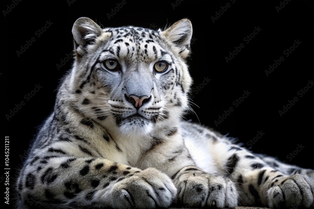 Snow leopard isolated on black background at a tilted angle Snow leopard isolated on black background at a tilted angle