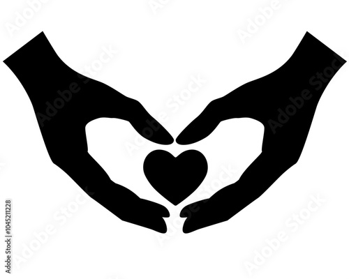 Hands hold heart symbol vector black silhouette for logo or pictogram. Heart in hands - a symbol of charity, trust, medicine - a sign for identity. Caring and love. St. Valentine's Day.	