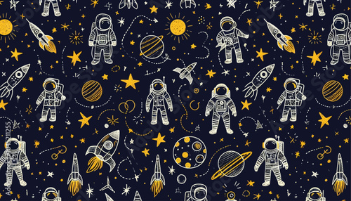 Seamless space pattern featuring astronauts, rockets, and planets in outer space