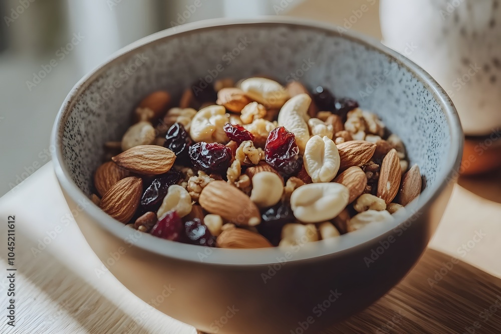 A bowl of mixed nuts and raisins A bowl of mixed nuts and raisins