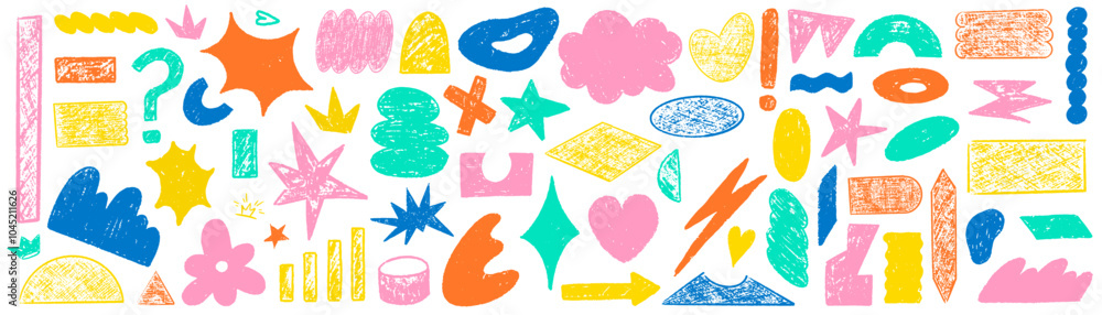 © Анжелика Полтавец - Hand drawn arrow scribble crayon set. Squiggle, scratch doodle kid arrow star set. Crayon scratch texture shape children kid naive. Vector illustration