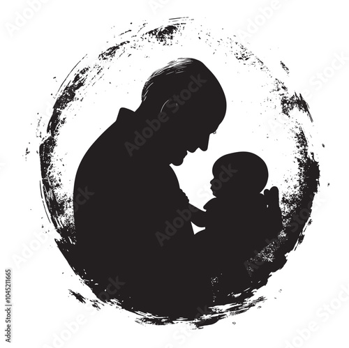 Warm connection between elderly grandpa and infant grandson in simple black-and-white silhouette