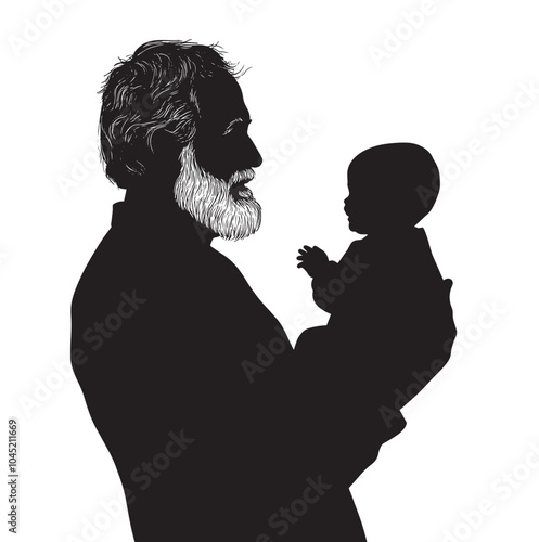 Silhouette of a grandfather and newborn grandson sharing a tender embrace on a white background