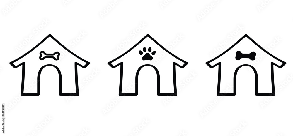 Cartoon dog kennel or doghouse. Dog house line pattern. Dog house for in the garden. Bone, dogs legs sign. dog leg icon. Line pattern Cartoon dog kennel or doghouse. Dog house line pattern. Dog house for in the garden. Bone, dogs legs sign. dog leg icon. Line pattern