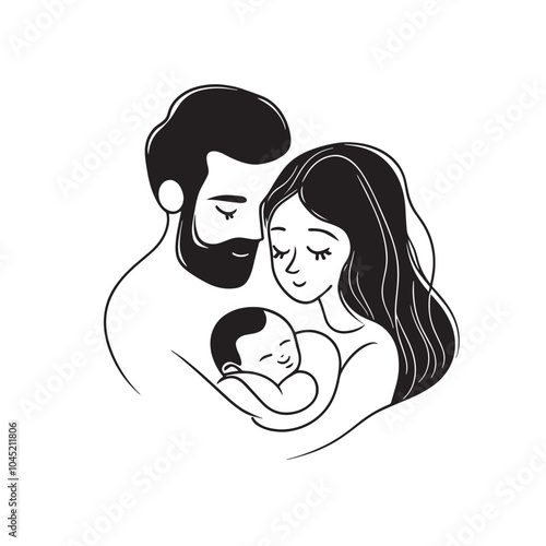 Adorable parents with newborn baby, nurturing and smiling together in a simple, affectionate vector sketch