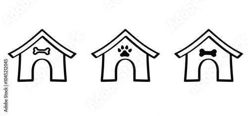 Cartoon dog kennel or doghouse. Dog house line pattern. Dog house for in the garden. Bone, dogs legs sign. dog leg icon. Line pattern