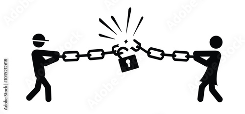 Cartoon family divided broken heart, man and woman, broken chained. Divorce concept. Cracked heart symbol. Wife and husband cannot reach a settlement. Marriage problem. chained sign