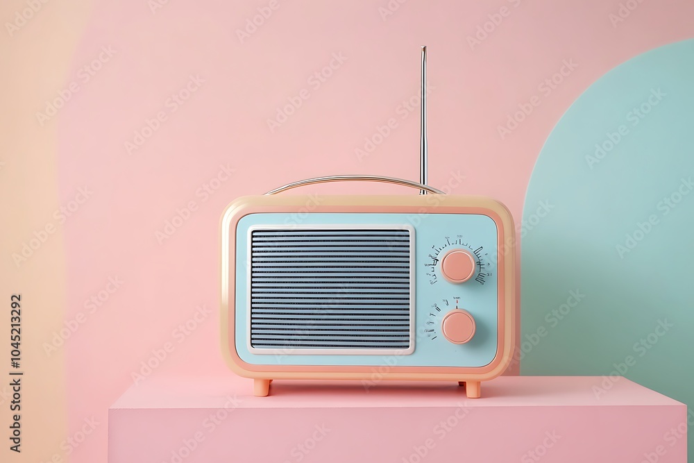 Obraz premium Antilo radio illustration design, 80s and 90s, retro colors on pastel green pink neon light background, copy space design 