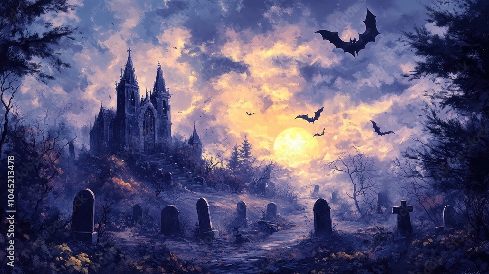 Creepy Graveyard Night Scene with Bats and Full Moon Creepy Graveyard Night Scene with Bats and Full Moon