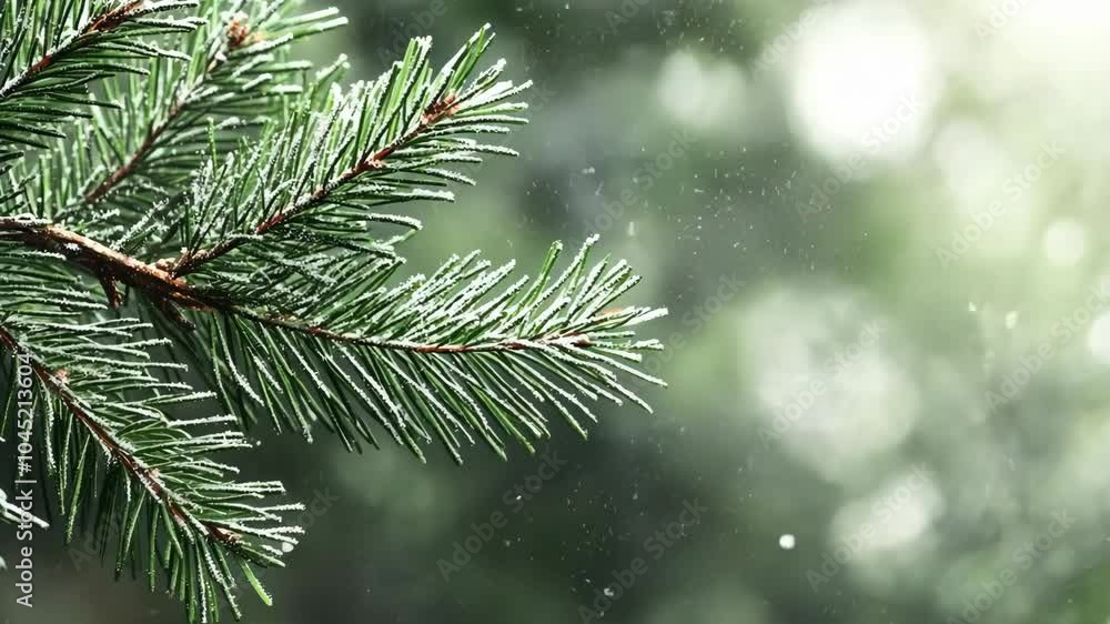Close-up of a pine branch covered in snow with a blurred green background. Close-up of a pine branch covered in snow with a blurred green background.