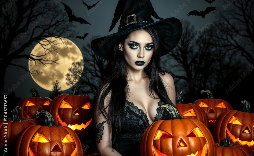 An enchanting woman dressed as a witch with striking blue eyes sits among illuminated pumpkins, presenting a captivating scene against a backdrop of shadowy trees.