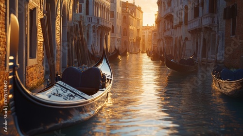 Gondola on a tranquil Venice canal at sunset with peaceful waters and beautiful architecture in the background