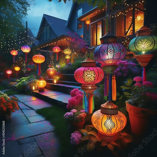 Lanterns dyed with Holi colors hung around gardens and patios to photo