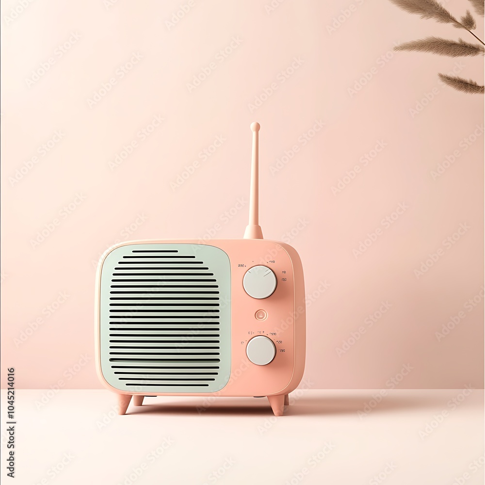 Obraz premium Antilo radio illustration design, 80s and 90s, retro colors on pastel green pink neon light background, copy space design 