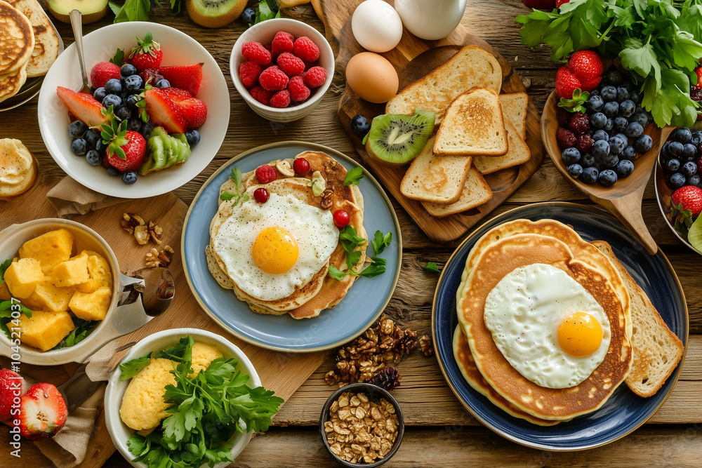 A beautifully arranged assortment of breakfast foods including pancakes, eggs, toast, fresh fruits, and pastries, laid out on a table A beautifully arranged assortment of breakfast foods including pancakes, eggs, toast, fresh fruits, and pastries, laid out on a table