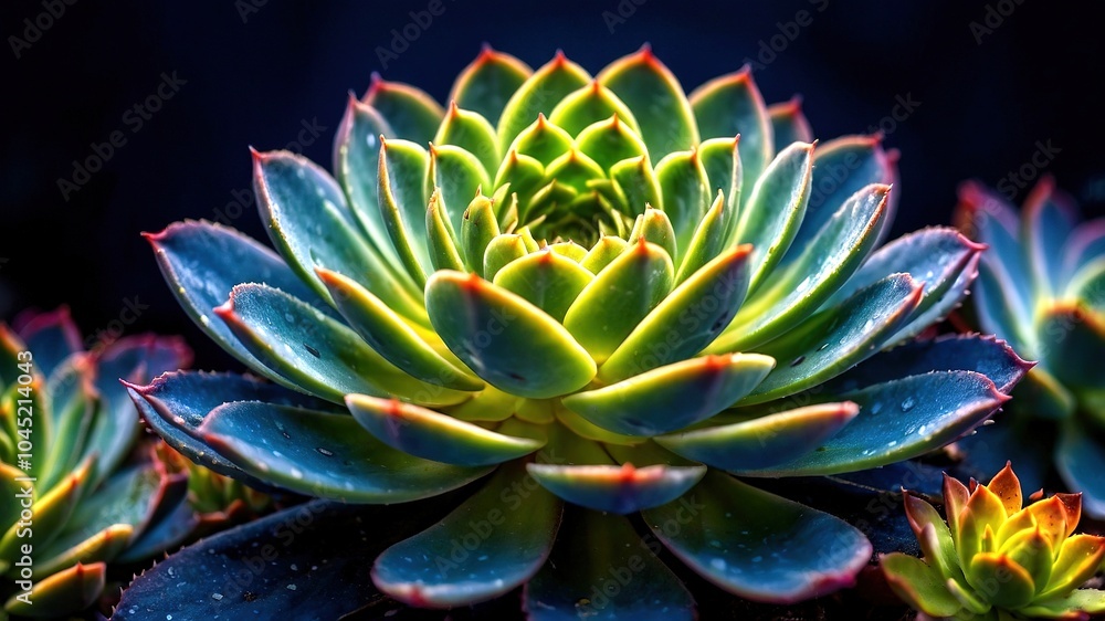 Glowing Succulent Bloom - Macro Photography, Dark Blue Background, Floral Art, Flower Detail, Succulent Plant Glowing Succulent Bloom - Macro Photography, Dark Blue Background, Floral Art, Flower Detail, Succulent Plant