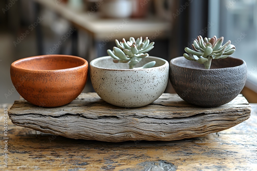 Stylish succulent planters in earthy tones on rustic wooden tray Stylish succulent planters in earthy tones on rustic wooden tray