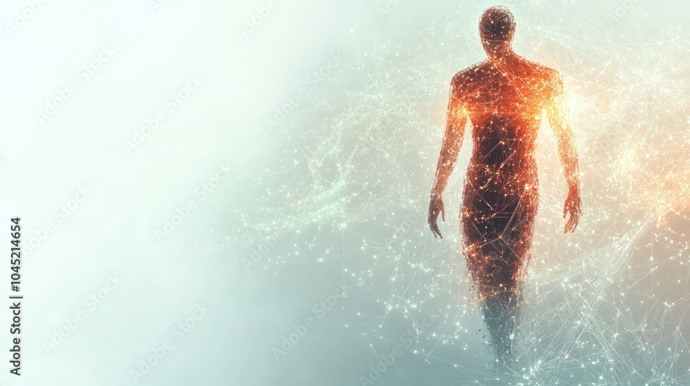 Abstract representation of human anatomy with glowing quantum particles connected by energy lines in a white, Abstract representation of human anatomy with glowing quantum particles connected by energy lines in a white,