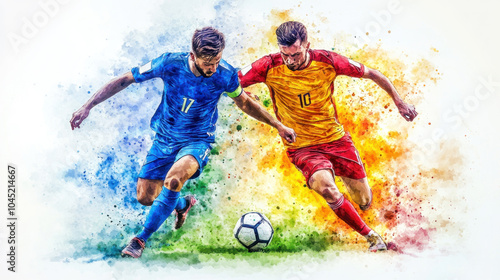 Colorful watercolor painting of soccer players are fighting for the ball