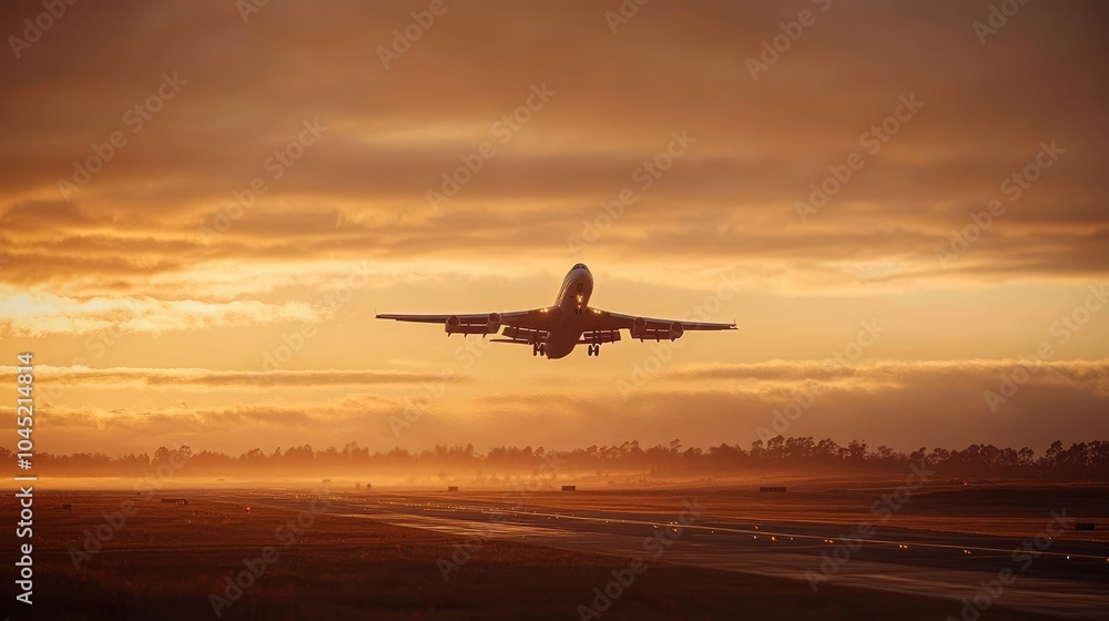 Fototapeta premium Airplane Taking Off at Sunrise with Golden Sky