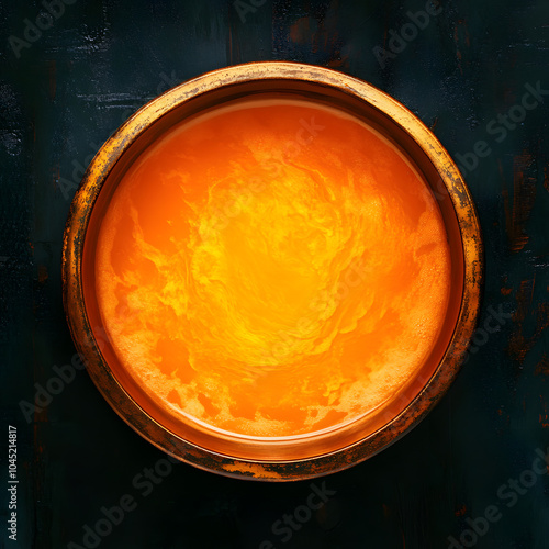 above view of a melting pot which has orange colored liquid, orange paint in a tin
 photo