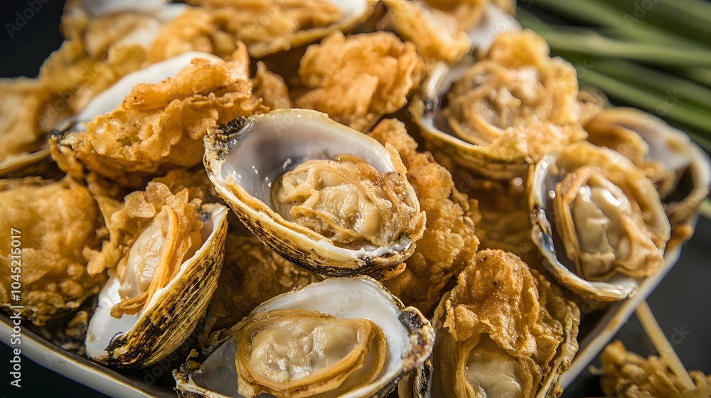 Close-up of crispy fried oysters with golden batter. Close-up of crispy fried oysters with golden batter.