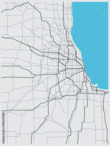 Chicago city map (USA) - town streets on the plan. Monochrome line map of the  scheme of road. Urban environment, architectural background. Vector 