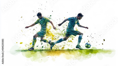 Green watercolor painting of soccer players are fighting for the ball