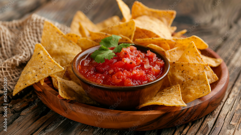 beautifully styled plate of tortilla chips with a bowl of salsa on a rustic wooden table beautifully styled plate of tortilla chips with a bowl of salsa on a rustic wooden table