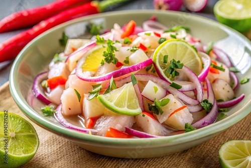 Fish ceviche made with onions, chilies, lime, colorful, close-up