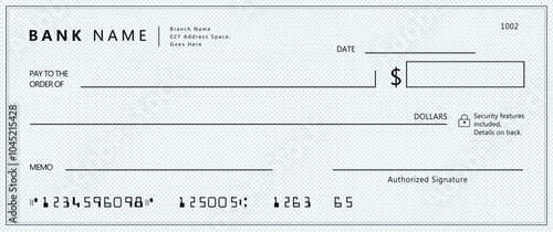 Bank check, vector blank money cheque, checkbook template with guilloche pattern and fields. Currency payment coupon, money check background