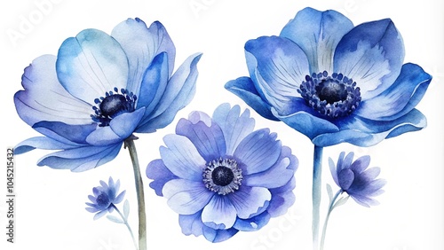 Set of watercolor blue flowers. Poppies, anemones, and summer flowers. Summer decoration print for wrapping, wallpaper, and fabric. Watercolor painted blue anemone flowers