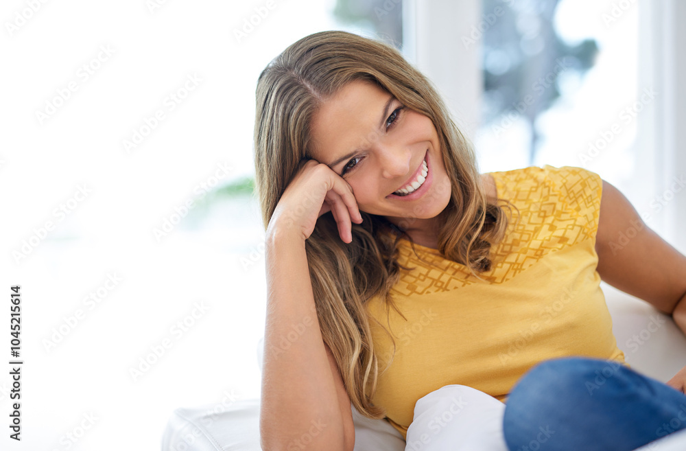 Smile, portrait and woman in house on sofa to relax in home for comfort in living room for satisfaction. Happy, peace and confident female person in apartment on resting break for wellness in Spain Smile, portrait and woman in house on sofa to relax in home for comfort in living room for satisfaction. Happy, peace and confident female person in apartment on resting break for wellness in Spain